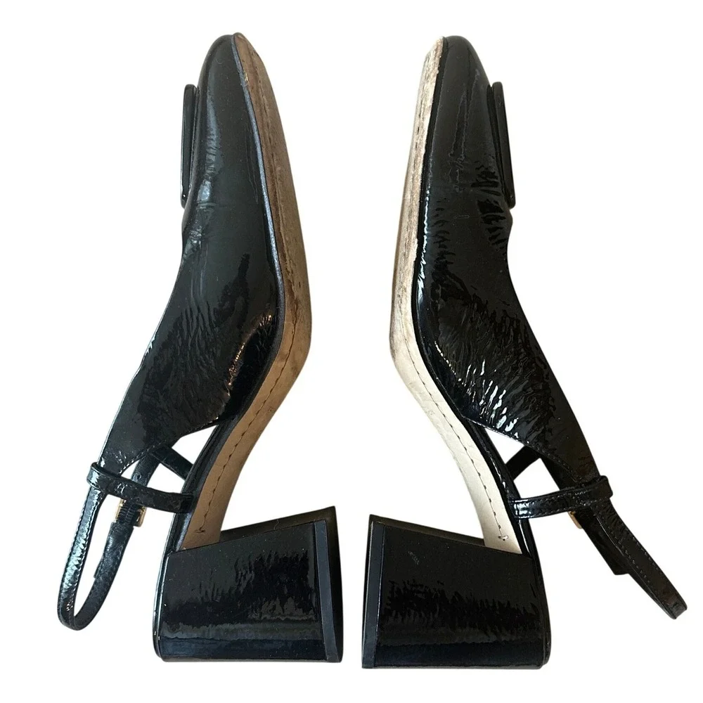 Tory Burch Georgia Black Patent Slingback Block Heel Pumps Size 8.5